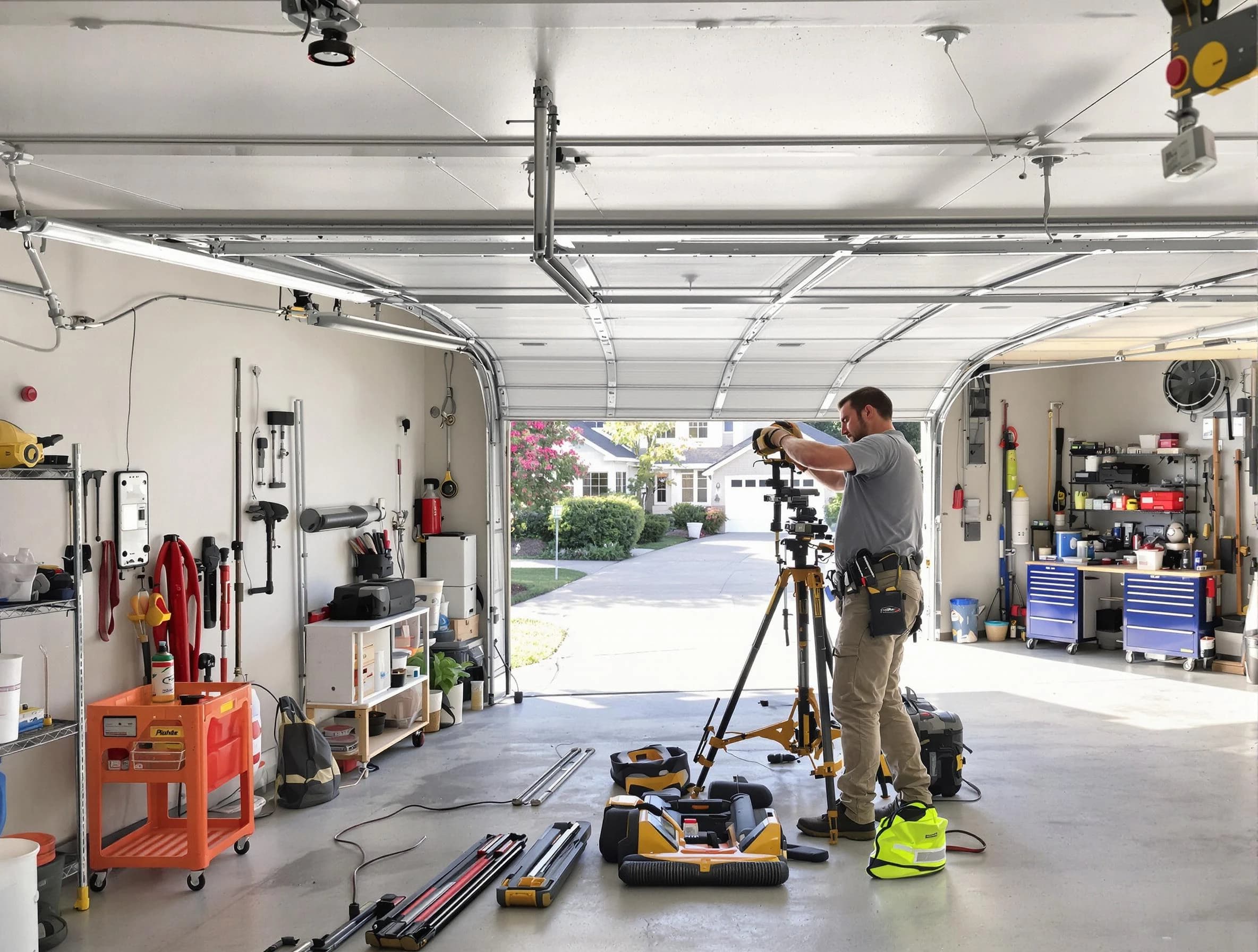 Arlington Garage Door Repair specialist performing laser-guided track alignment in Arlington