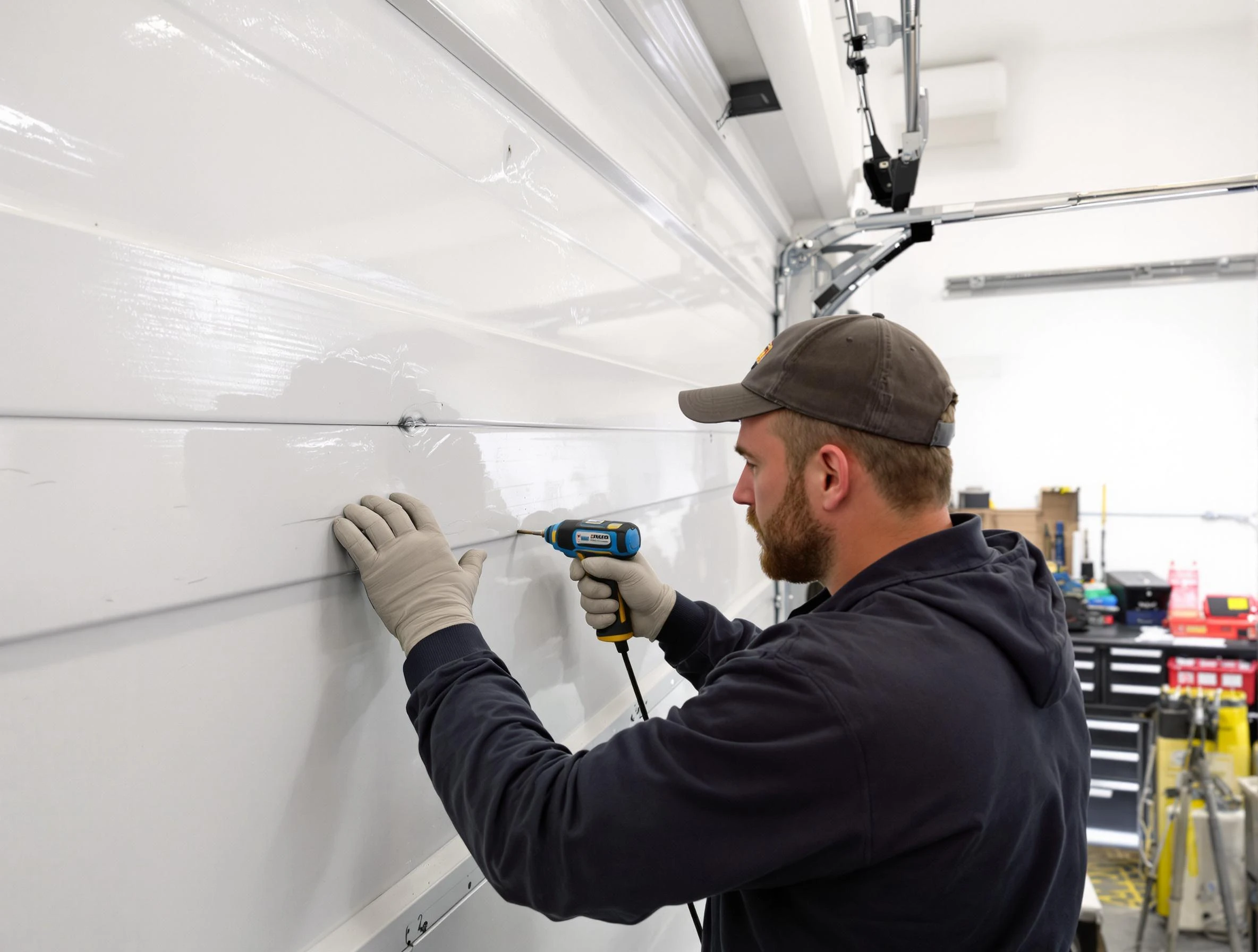 Arlington Garage Door Repair technician demonstrating precision dent removal techniques on a Arlington garage door